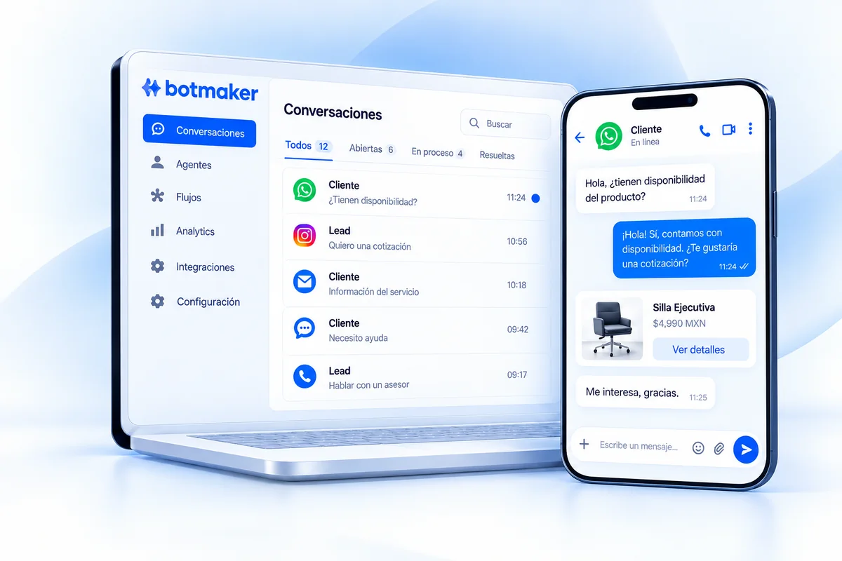 Ilustración de una conversación de venta y del panel de atención de Botmaker