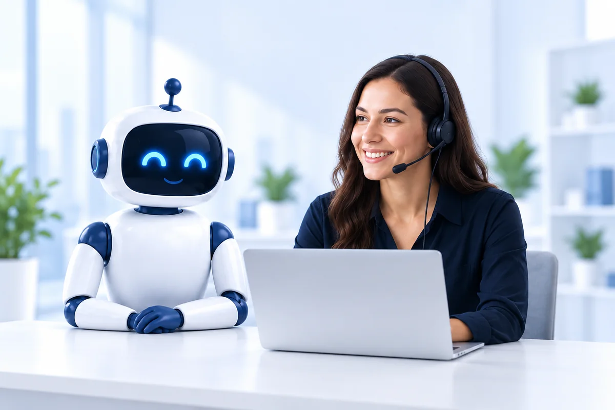 Ilustración de una asesora de atención al cliente junto a un agente de inteligencia artificial